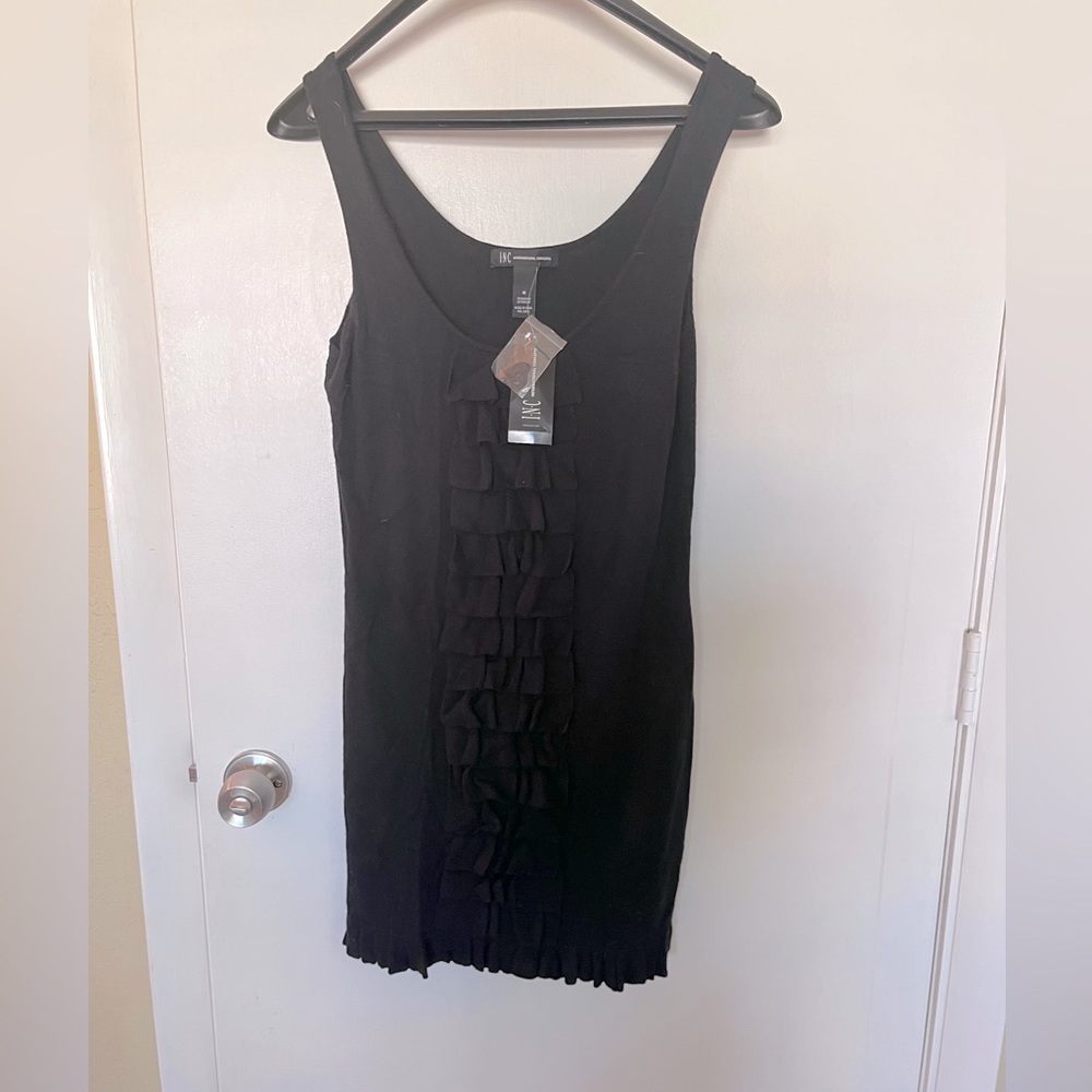 NWT- INC black dress with ruffle center embellishment and hem line in Medium